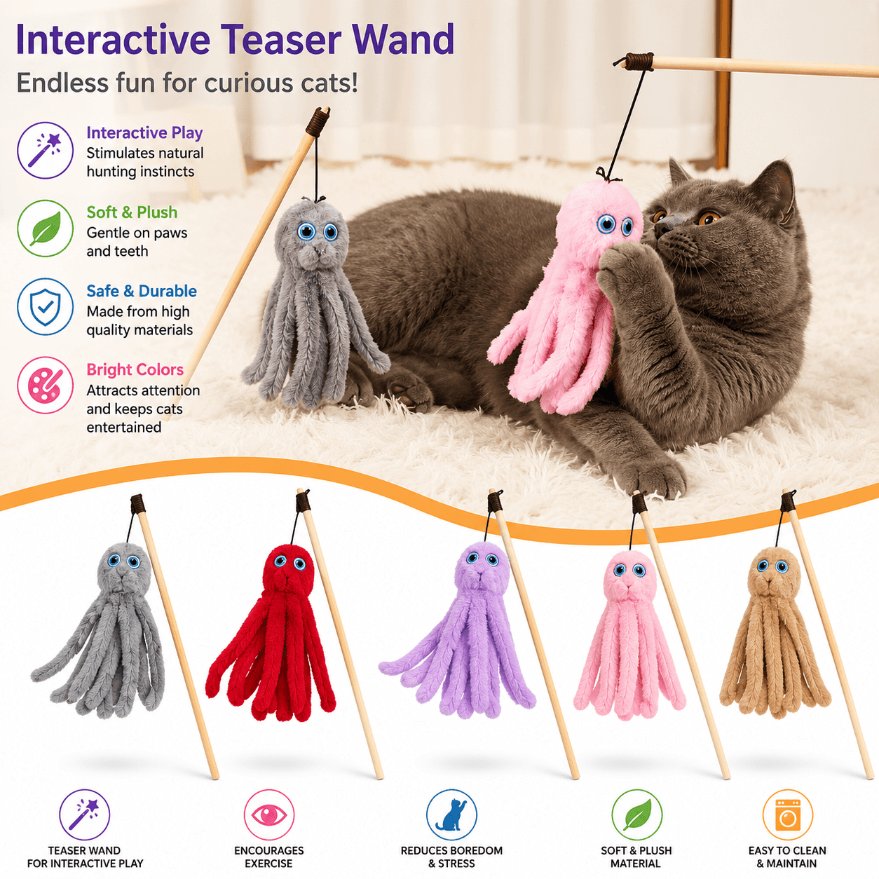 High Quality Attractive Octopus Wooden Teaser Toy for Pet Cat