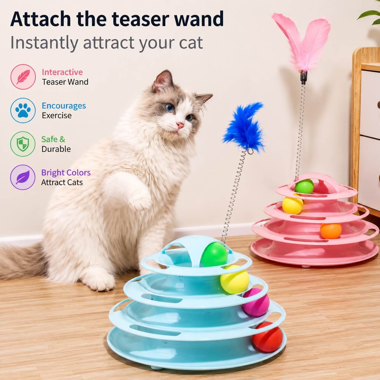 Cat Tower Tracks Ball Pet Toys with Spring Feather with 4 Moveable Balls