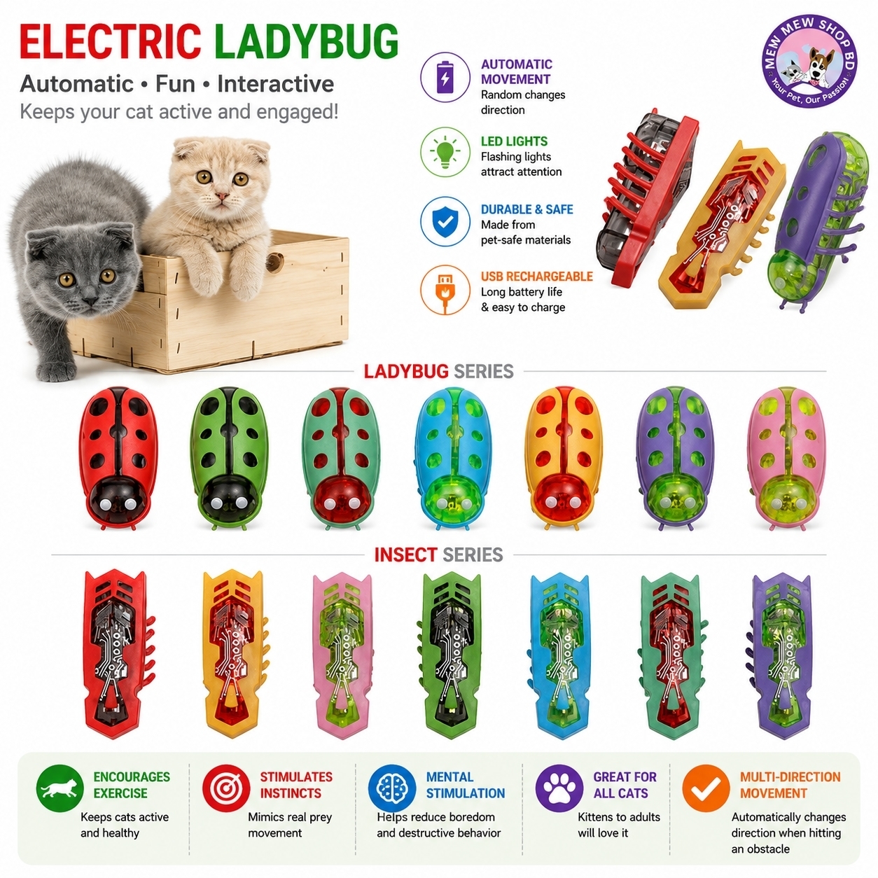 Electric Battery operated Colorful Bugs Toy for Cat