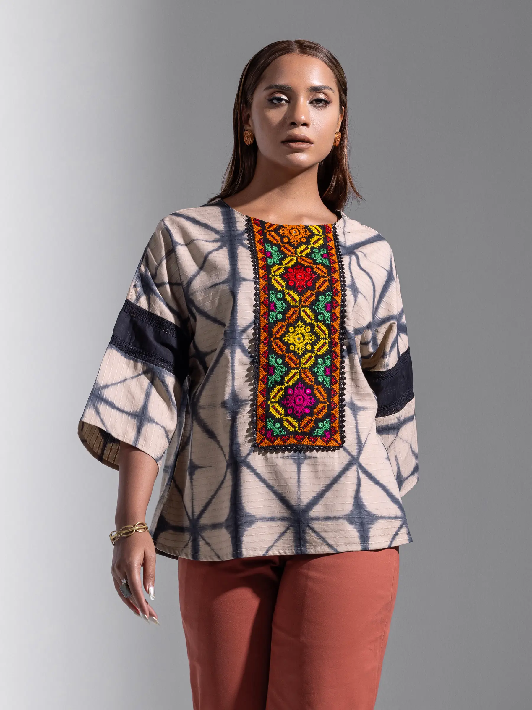 BeigeGrey TieDyed and Embroidered Tencel Cotton Taaga Top