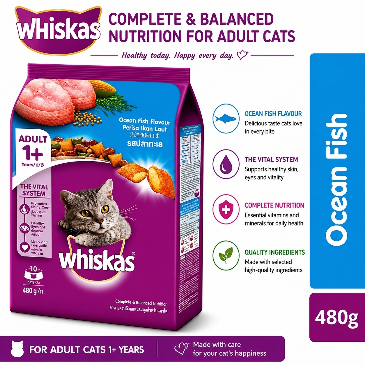 WHISKAS Ocean Fish Dry Cat Food Adult1+ (480g)
